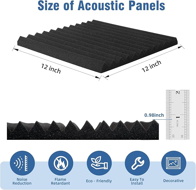 12 Pack Sound Proof Foam Panels,12"×12"×1" Acoustic Foam Panels, High Density Soundproof Wall Panels for Home Office Recoding Studio,With 250PCS Adhesive Stickers (Black, 12 Pack)