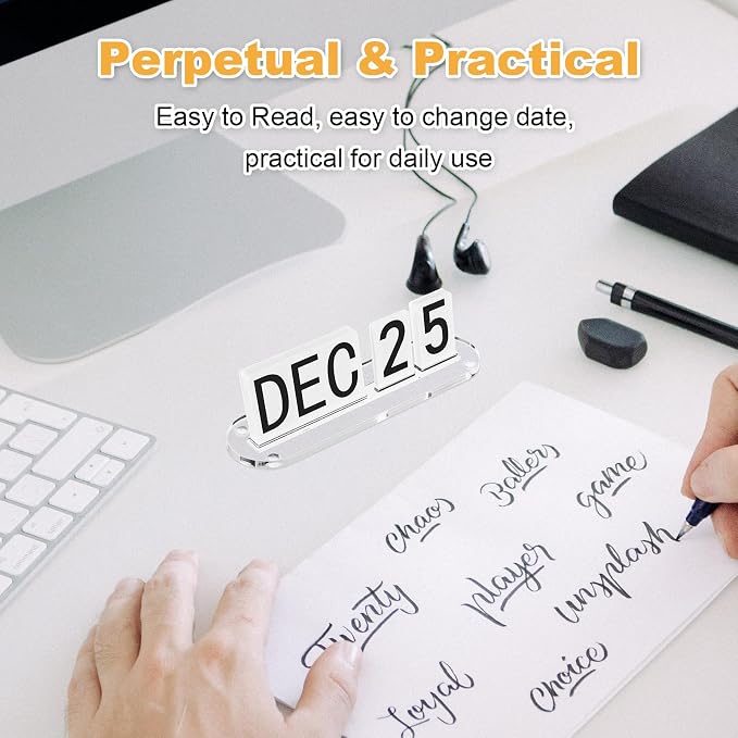 Mini Acrylic Perpetual Desk Calendar for Desk, Daily Desktop Calendar with Acrylic Month Date Large Display Blocks, Farmhouse Vintage Office Desk Accessory for Home Office Decor, Reusable Yearly