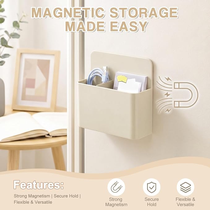 Crtiin 3 Pcs Magnetic Pen Holder Set for Refrigerator, Magnetic Desk Organizer with 1 Large 2-Compartment and 2 Small Holders, Marker Holder for Refrigerator, Whiteboard, Home Office (Beige)