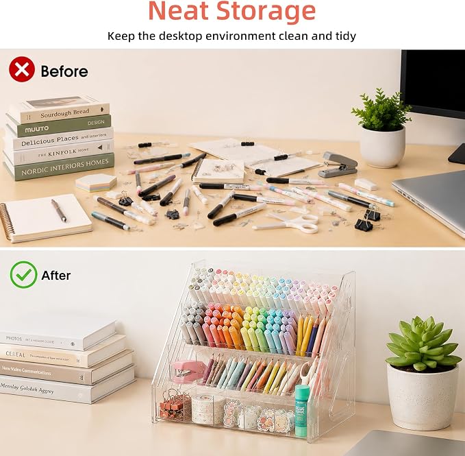 Acrylic Pen Pencil Holder for Desk With 20 Compartment Desk Organizers and Accessories,Durable Material Can Hold Pen Brush Cosmetic Scissor Clip Tape staplers Fit Home Office School(4 Tier)