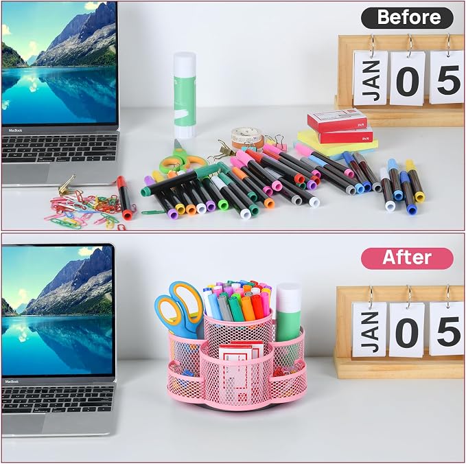Topwey Pink Rotating Pencil Holder for Desk Office | 360-degree Rotation, 7 Compartments, Metal