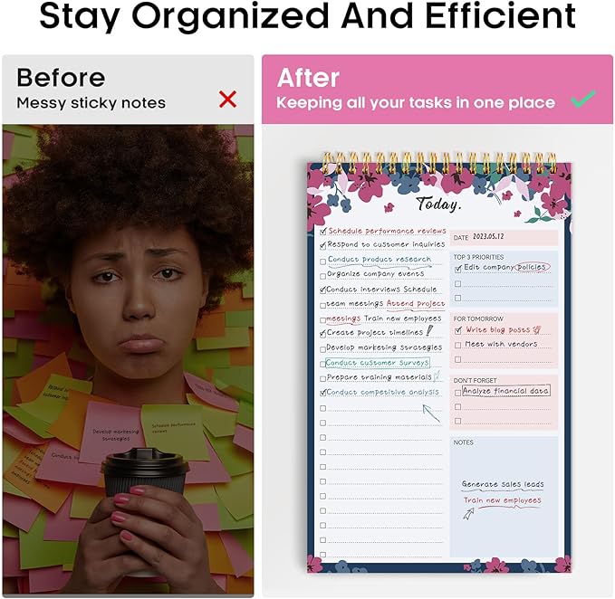 Taja To Do List Notepad - To Do List Notebook for Work with 52 Sheets, 9.8" x 6.5", Undated Daily Planner Perfect for Daily Tasks and Goal Setting, Notepad Suitable for Office, Home & School - Twilight Petals