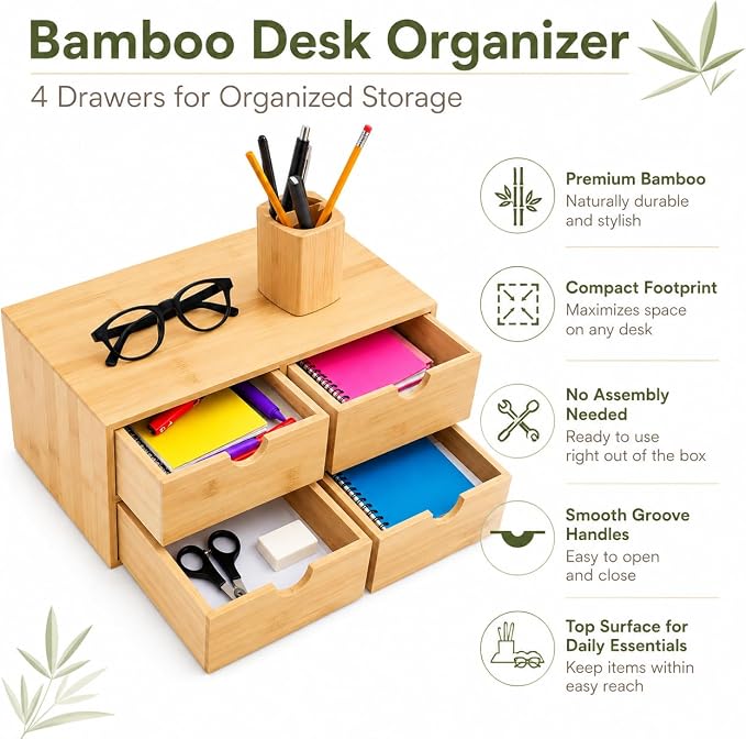 Bamboo Desk Organizer, 4-Drawer Wooden Desk Organizer with Full Pull-out Drawers, No Assembly Bamboo Storage Drawer for Office Supplies Cosmetics