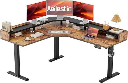 Agilestic L Shaped Standing Desk, Adjustable Height Corner Gaming Desk with Shelf, Sit Stand Up Desk, 63 x 55 Inch Home Office Computer Table, Rustic Brown