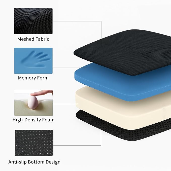 6" Extra Thick Memory Foam Office Chair Cushion – 2-Layer Booster Seat for Back & Tailbone Pain Relief, 18 x 16 x 6in Non-Slip Cushion with Carry Handle for Wheelchair, Car, and Airplane