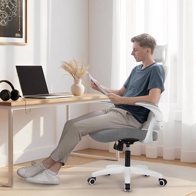 NEO CHAIR Office Desk Chair Gaming Computer High Back Support Mesh Comfy Seat with Adjustable Ergonomic Headrest Lumbar Rolling Flip-up Armrests and Wheels (Grey)