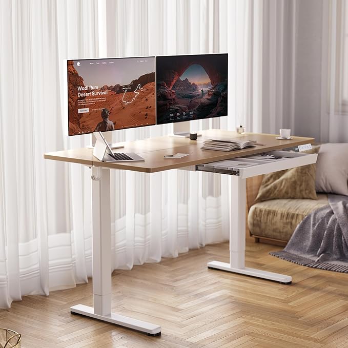 YDN Electric Standing Desk 55 x 24 Inch with Drawer Natural | Industrial steel frame supports 176Lbs, 28.3-46.5 inch height range with 3 presets, 45dB quiet motor