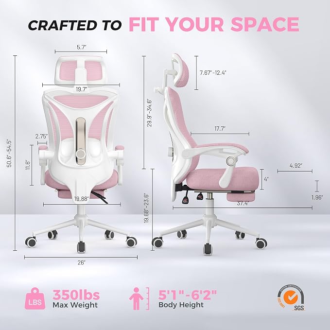 Ergonomic Office Chair with Footrest - Adjustable Lumbar Support & Headrest, 90-160° Reclining Mesh Back Computer Chair - Home Office/Gaming, 350lbs Capacity