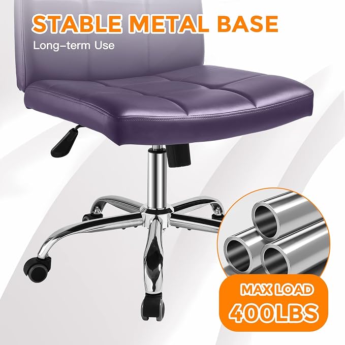360° Office Desk Chair,PU Adjustable Rolling Task Chair with Backrest for Barber,Office,Home, Computer,360° Swivel,Armless (Widened Purple)
