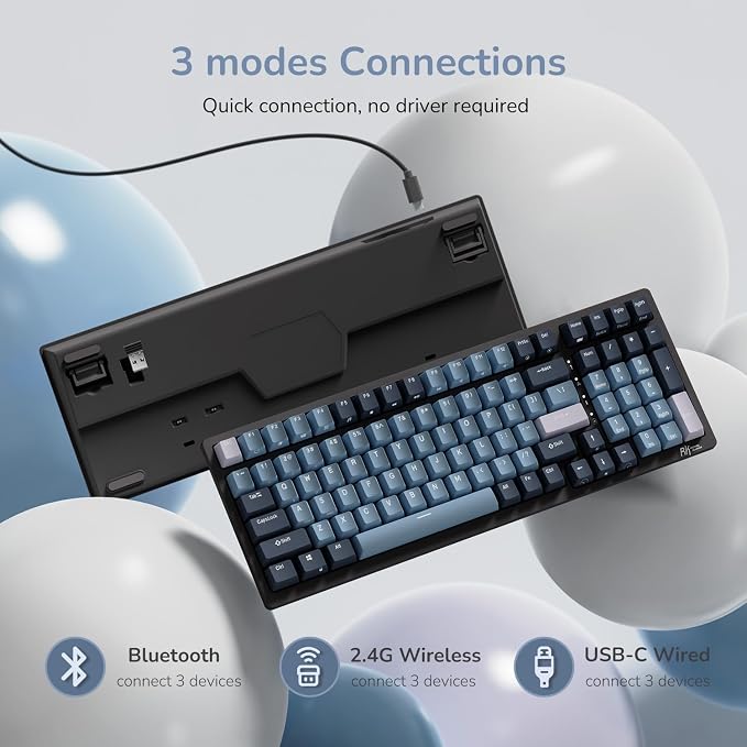 RK ROYAL KLUDGE RK98 Wireless Mechanical Keyboard, 100 Keys 98% Layout with Custom Switches Hot Swappable, Tri-Mode BT5.1/2.4G/USB-C Full Size Gaming Keyboard with Numpad RGB, Brown Switch