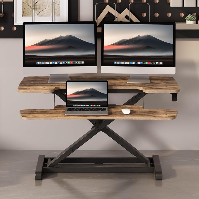 FLEXISPOT Standing Desk Converter 36" Desk Riser for Dual Monitor, Sit Stand Computer Workstation with Spacious Keyboard Tray, Ergonomic Height Adjustable Stand Up Desk Riser, Rustic Brown