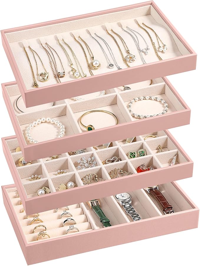 LANDICI Stackable Jewelry Organizer Trays 4 Set,PU Leather Jewelry Organizer Drawer,Jewelry Storage Display Tray for Earring Necklace Rings Bracelet with Removable Dividers,Pink