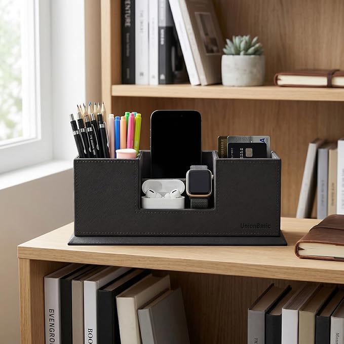 UnionBasic Desk Organizer, Caddy Leather Multi-compartment Pen Holder, Gray | Desktop Dual Pen Holder, Office Supplies Holder
