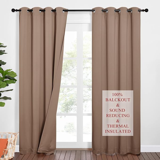 NICETOWN Sound Barrier 100% Blackout Divider Curtains 84", Noise, Heat and Cold Blocking Drapes with Felt Fabric Lining for Nursery/Daytime Sleep/Bedroom (Cappuccino, 2 PCs, 52" Wide)