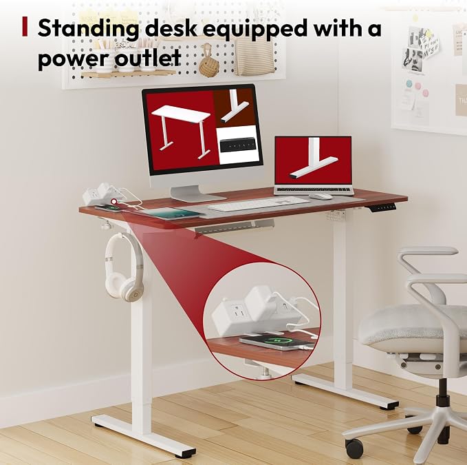 SANODESK Electric Standing Desk with Desk Clamp Power Strip 40"x 24" Whole-Piece Desktop Height Adjustable Stand Up Desk with Cable Management Sit Stand Home Office Desk White Frame/Mahogany Top