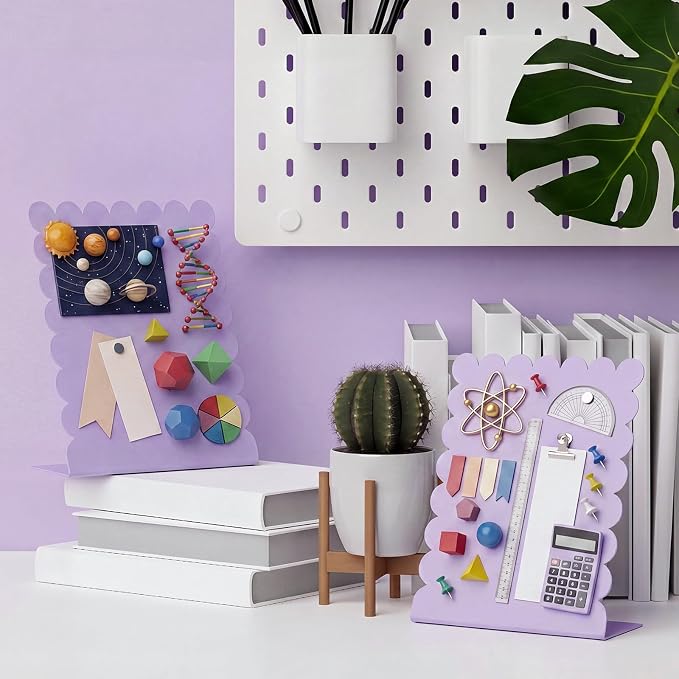 Gueevin 2 Pcs Magnet Board Standing Magnetic Metal Board for Desk and Wall Scalloped Magnetic Display Stand for Memos Photos and Documents Home Office School Desk Storage Decoration(Purple,Medium)