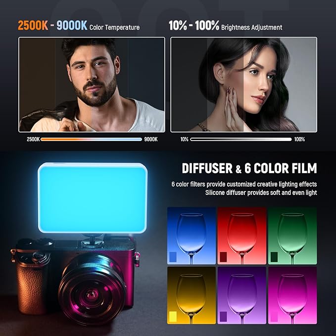 NEEWER Basics LED Selfie Phone Light, Rechargeable 2500-9000K Clip On Fill Light, Color Films/Diffuser/3000mAh, CRI95+ Dimmable Video Conference Lighting for iPhone Camera Laptop Zoom Call, BL120B