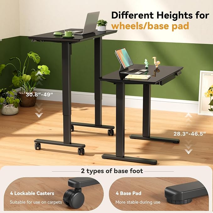 Gibbon Mounts 35” Electric Black Glass Standing Desk with Drawer & Wheels | Small Mobile Whole Piece Height Adjustable Cart with 4 Lockable Casters, Compact Computer Workstation for Home, Office