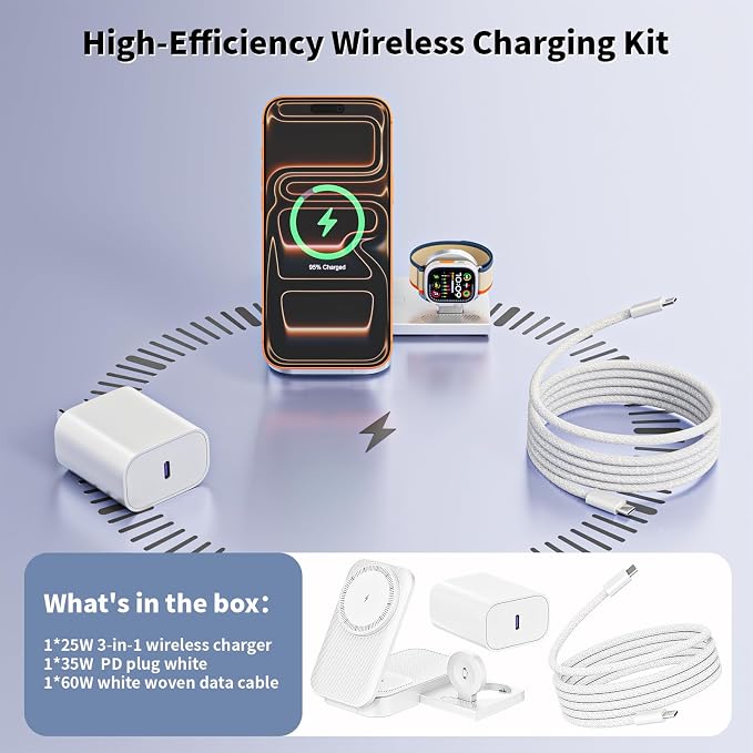 [Apple MFi Certified]Magnetic Charger 3 in 1 Charging Station,25W Wireless Foldable Mag-Safe Charger 6FT USB-C Cable Wireless iPhone Charging Station Compatible with iPhone 17/16/15/14/13/12 Pro/Plus