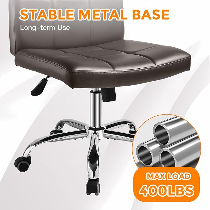 360° Office Desk Chair,PU Adjustable Rolling Task Chair with Backrest for Barber,Office,Home, Computer,360° Swivel,Armless，desk chair without arms，office chair 400+ lb weight capacity(Widened Brown)