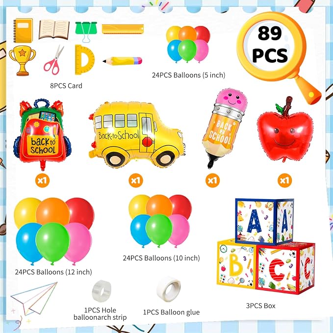 Back to School Arch Balloons Decorations, 89pcs Back to School Balloon Arch Garland Kit with Pencil Apple Schoolbag Bus Foil Balloons Back to School Balloons ABC Box etc Back to School Party Supplies