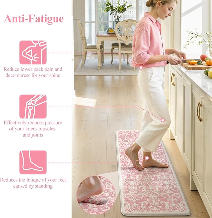 LEEVAN Pink Kitchen Mat Sets of 2, Vintage Distressed Anti Fatigue Memory Foam Kitchen Floor Mat for Laundry,Non Slip Cushioned Standing Mat for Home, Office, Desk,Sink(17''x29''+17''x47'')