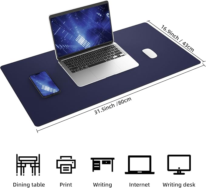 AFIING Desk Mat, Blue, 31.5" x 17", Cork Desk Pad Protector | Dual-Sided Cork & PU Leather, Waterproof, Non-Slip for Mouse Pad, Office, Home & Writing