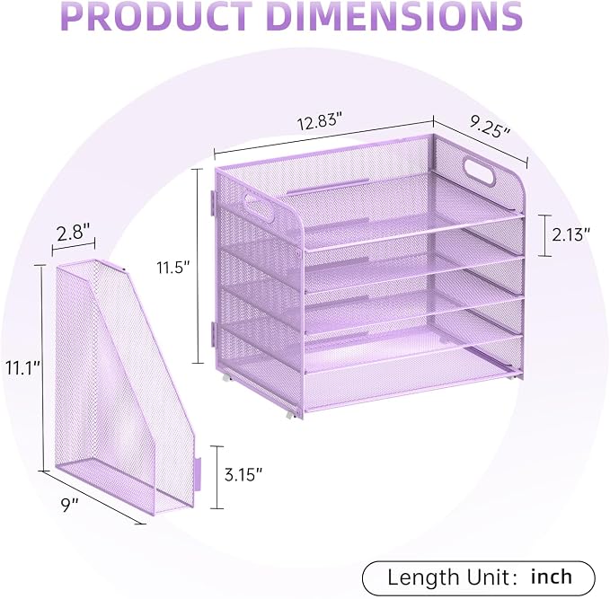 5-Tier Desk Organizer with File Holder, Paper Organizer for Desk, Purple | 5 Letter Trays and Vertical File Holder with Metal Mesh Frame for Papers Folders Books and Mail in Office Home or School