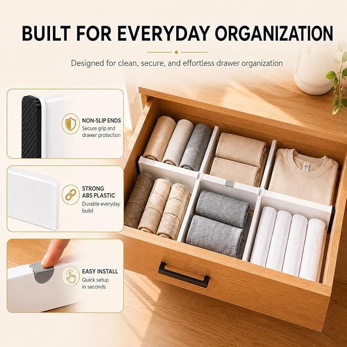 Adjustable Drawer Divider, 1 Pack, Expandable 14.7–21" Drawer Organizer with Non-Slip Ends, Easy Install for Kitchen Drawers, Dressers, Closets & Home Storage, White