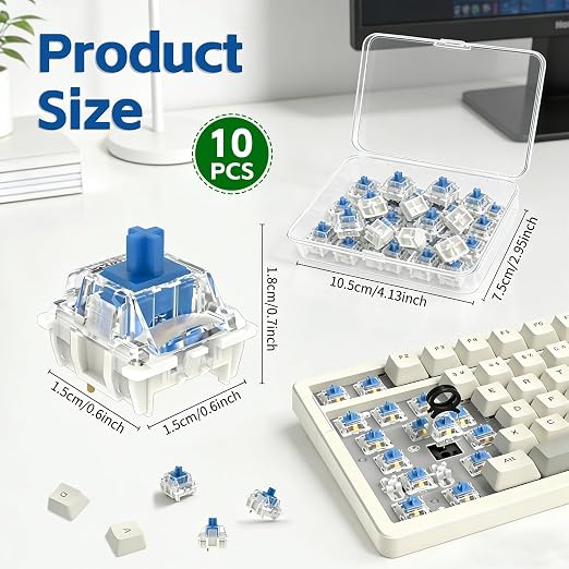 10 Pcs Keyboard Switches, 3 Pin Dustproof Mechanical Keyboard Switches, Clicky, Accurate Typing, Keyboard Clicker for Gaming, Typing, DIY Custom Keyboards & Clickers for 3D Prints (Blue)