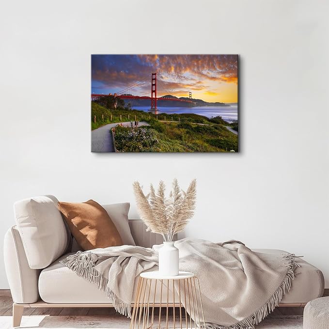 Famous Cityscape Canvas Wall Art Red Golden Gate Bridge Picture Bedroom Wall Decor Modern Urban Landmark Photography Poster Prints Painting Framed Artwork for Living Room Office Home Decoration 24x36"