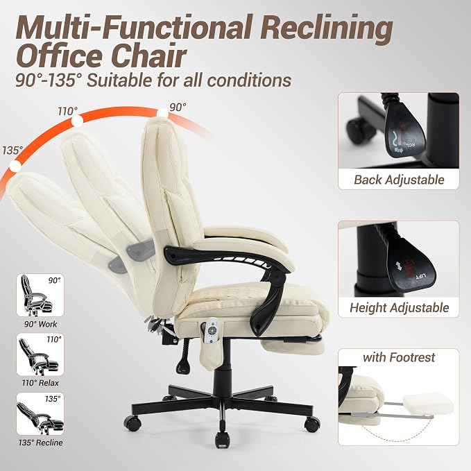 Heated Massage Executive Office Desk Chair with Footrest - Beige | 6 Points Vibration Massage System, 5 Massage Modes, 3 Target Areas (Back,Lumbar,Seat), Reclining 90°-135°