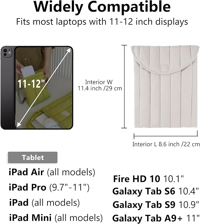 Puffy Laptop Sleeve Set 11-12 Inch Grey, Protective Carrying Case for Men and Women, Cute Case Bag Compatible with 11 and 12 Inch Laptops, 10.9" Ipad 10, 10.2" Ipad 7 8 9 in Cover