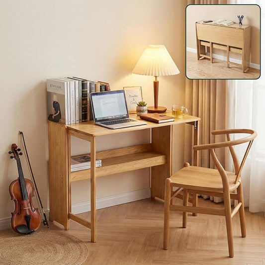 41'' Bamboo Folding Desk with Bookshelf, Space-Saving Computer Desk, Mid Century Modern Foldable Study Table for Home Office, Bedroom, Small Spaces - Primary Color
