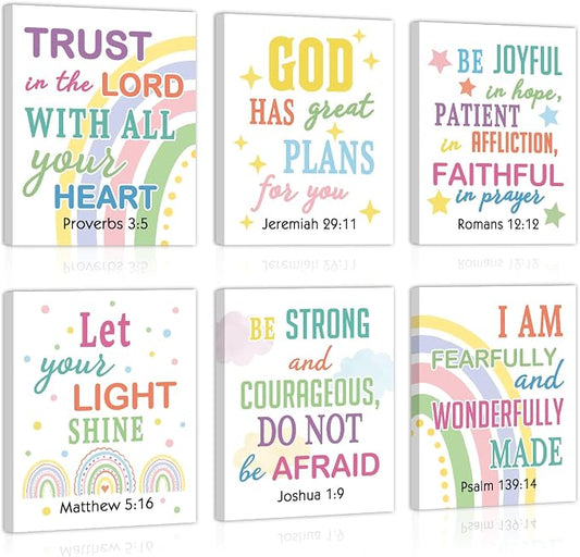 CHDITB Bible Verse Framed Canvas Wall Art, Scripture Typography Artwork, Rainbow Christian Wall Decor, Inspirational Bible Quote Poster, Boho Faith Art Prints For Kids Room Nursery Decor 8”X10”X6