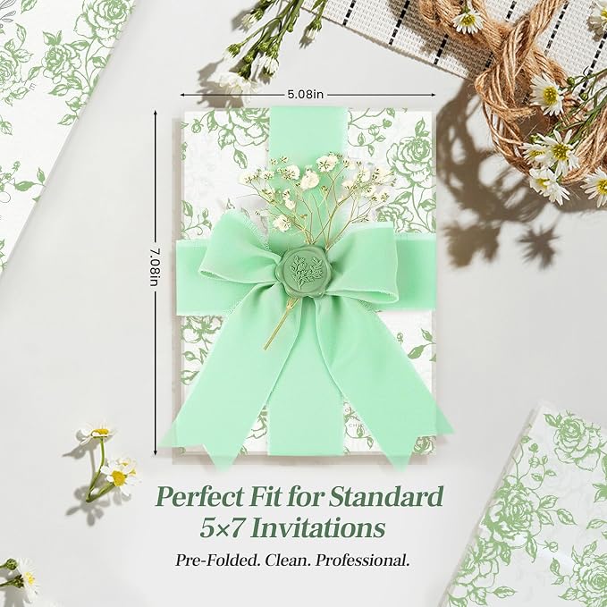 Wedding Invitation Accessories Kit, Pre-Folded Vellum Jackets for 5×7 Invitations with Wax Seal Stickers, Ribbon & Dried Flowers, Elegant Wedding Invitation Accessories for DIY Bridal Invites (Green-Rose, 50)
