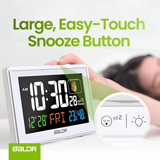 Baldr Digital Alarm Atomic Clock, 7'' Display with Adjustable Brightness | Large Desk Clock Indoor Temperature, Humidity & Moon Phase for Living Room Bedroom, Adapter Powered, White