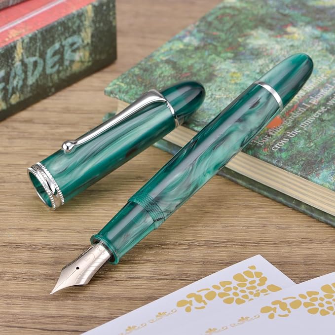 Asvine V800 Fountain Pen – Vacuum Filling System with Large Ink Capacity – Smooth Number 8 Extra Fine Nib with Gift Case and Wrench- Green Acrylic