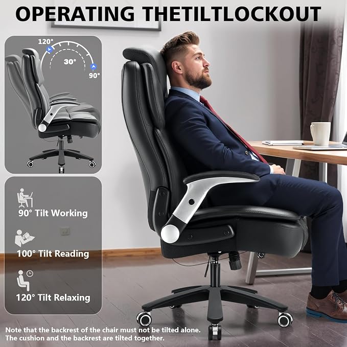 600lbs Big and Tall Office Chair, Heavy Duty Executive Desk Chair for Heavy People, Extra Wide PU Leather Computer Chair with 4" Adjustable Headrest & Air Lumbar Support