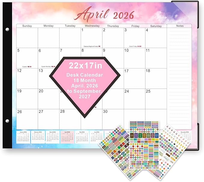 2026 Desk Calendar Large 22x17 Inches,Large Desk Calendar 2026-2027,18 Month,Suitable For Home,School Or Office,With Plastic Cover,Monthly Calendar(Pink)