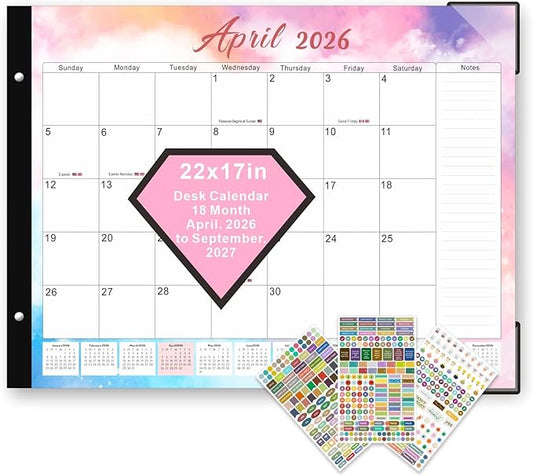 2026 Desk Calendar Large 22x17 Inches,Large Desk Calendar 2026-2027,18 Month,Suitable For Home,School Or Office,With Plastic Cover,Monthly Calendar(Pink)