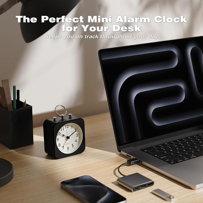 AYRELY® Small Metal Alarm Clock, Desk and Table Clock for Travel | Battery Operated Retro Silent Clock with Light for Bedroom, Bedside, Shelf and Living Room Decor (Black)