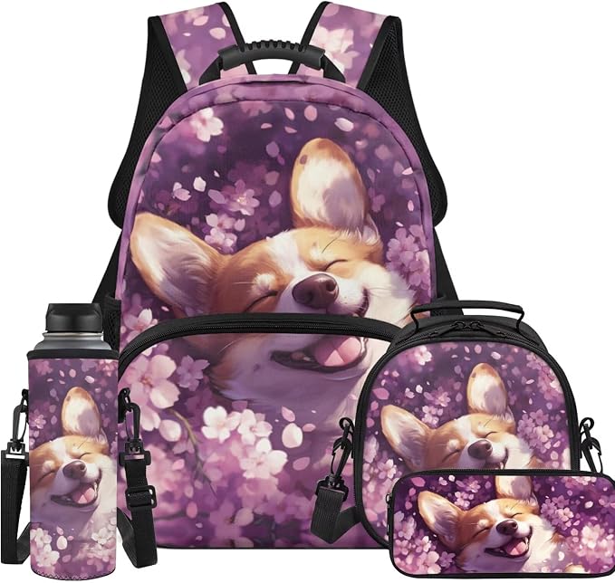 Ystardream Sweet Fox Backpacks for Girls Backpack with Lunch Box Pencil Case Water Bottle Sleeve 4 Pcs Book Bag Elemenatry Preschool Back Packs Schoolbag with Front Pocket for Kids Boys Easy Carry