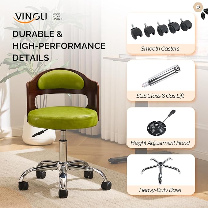 VINGLI Armless Home Office Desk Chair, Adjustable Swivel Chair,Dual-Use with/no Wheels,Small Retro Designed Walnut Curved Task Chair,Cushioned Nail Tech Chair for Study Area,Workspace,PU,Grass Green