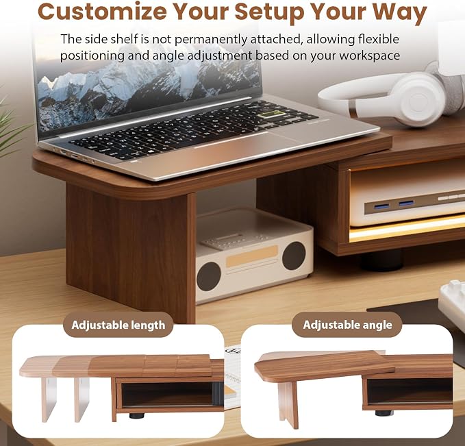 Artswish Dual Monitor Stand with Power Outlet, Brown Desk Monitor Riser | 2 AC Outlets & 2 USB Ports, RGB Lighting, Sliding Storage, Flexible Side Shelf, Desk Riser for Office, Work and Study