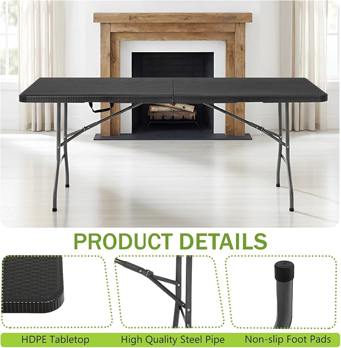 FDW 6FT Plastic Folding Table, Portable with Carrying Handle Perfect for Indoor, Outdoor, Party, Dining, Wedding, Events, Camping, Black Ratten