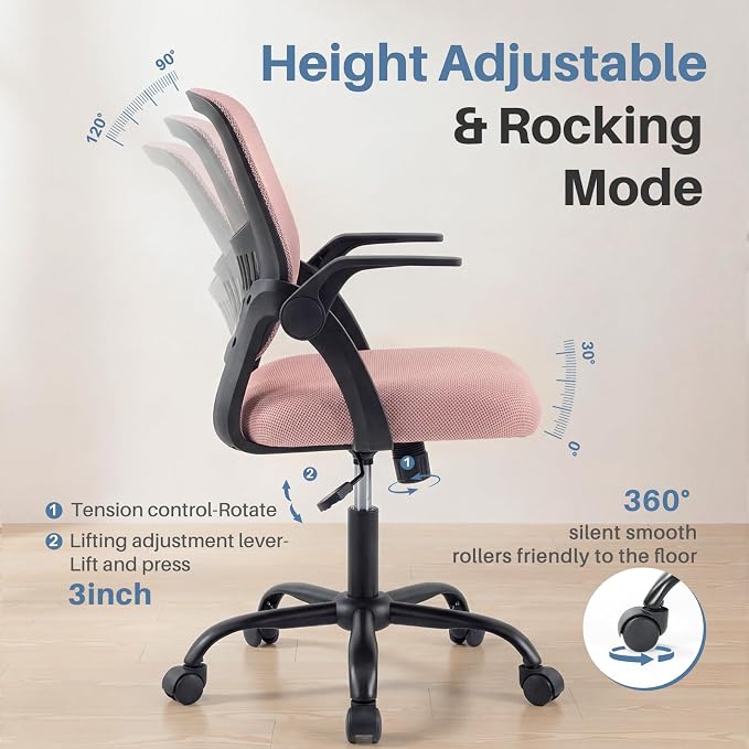 DUMOS Home Office Desk Chair - Ergonomic Computer Mesh Chair with Lumbar Support & Rocking Mode, Height Adjustable with Flip-up Armrest, for Conference, Meeting Room, 360° Swivel, Adults, Pink