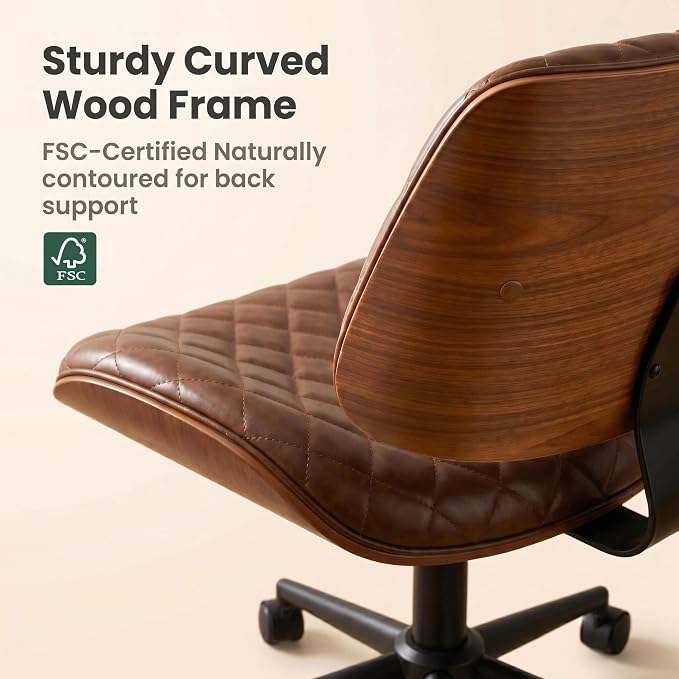 Furnimart Wooden Armless Desk Chair with Wheels, 360° Swivel Faux Leather Vanity Chair for Bedroom, Small Office Computer Task Chair for Home & Compact Spaces (PU Brown)