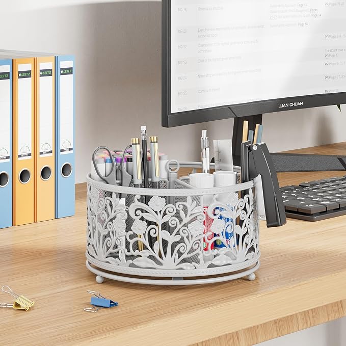 EKNITEY Rotating Mesh Desk Organizer - 4 Slots Cute Pen Pencil Holder Caddy | Sturdy Metal, 360°Rotation Smooth, 4 Compartments, Non-Slip Base, Cute Floral Design, for Office Home Classroom School, White
