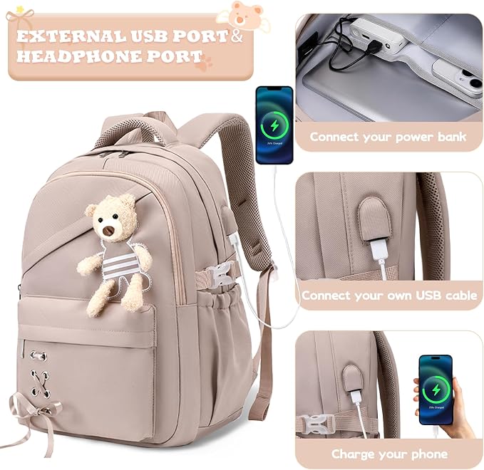ACESAK School Backpack for Girls - 3 PCS Cute Girls Backpack with Lunch Box & Pencil Case - Kawaii Casual Kids Bookbag School Bag Daypacks Set for Elementary Middle High School Student Teens (Khaki)